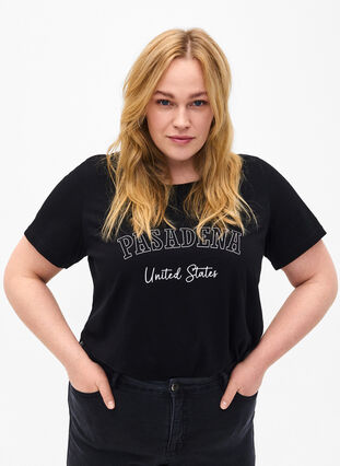 Bawelniana koszulka z napisem, Black W. Pasadena, Model image number 0