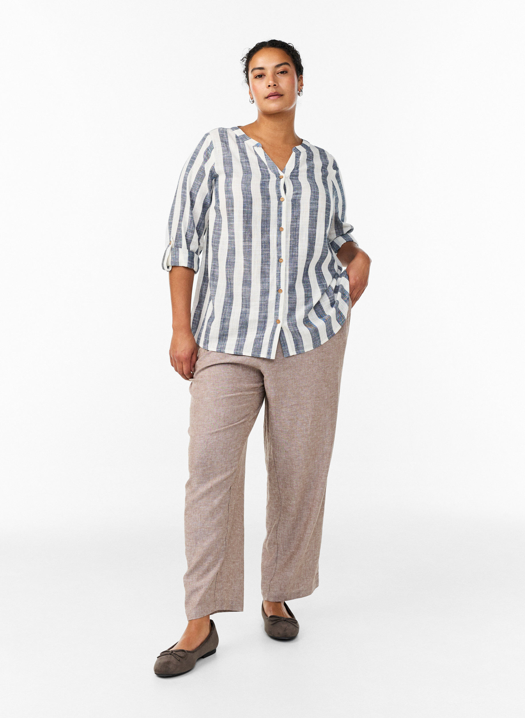 Zizzi Bawelniana bluzka z dekoltem V, Niebieskie, Model image number 1