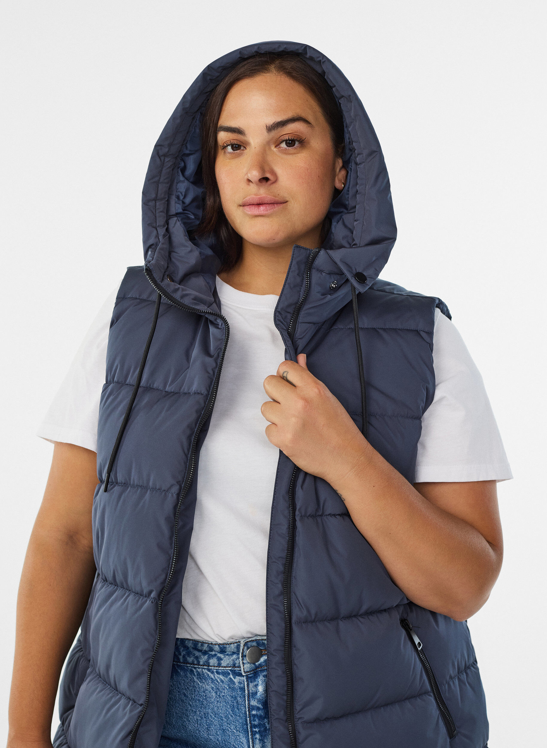 ZizziDluga kamizelka z kapturem i kieszeniami, Niebieskie, Model image number 3