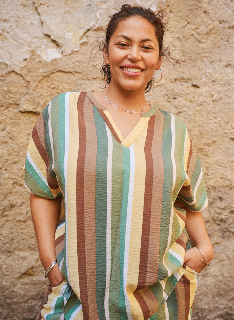 Bluzka z wiskozy w paski z kr&oacute;tkim rekawem, Brązowy, Image image number 0