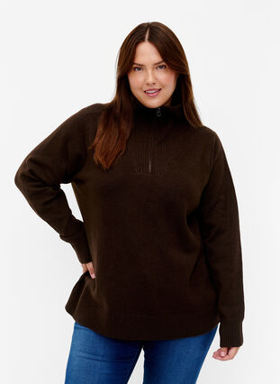 Sweter z dzianiny z zamkiem blyskawicznym, Demitasse/Black Mel., Model image number 0