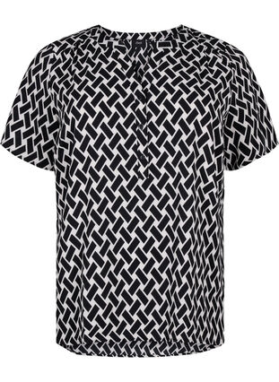 Bluzka z krótkim rekawem i dekoltem w serek, Black Graphic AOP, Packshot image number 0