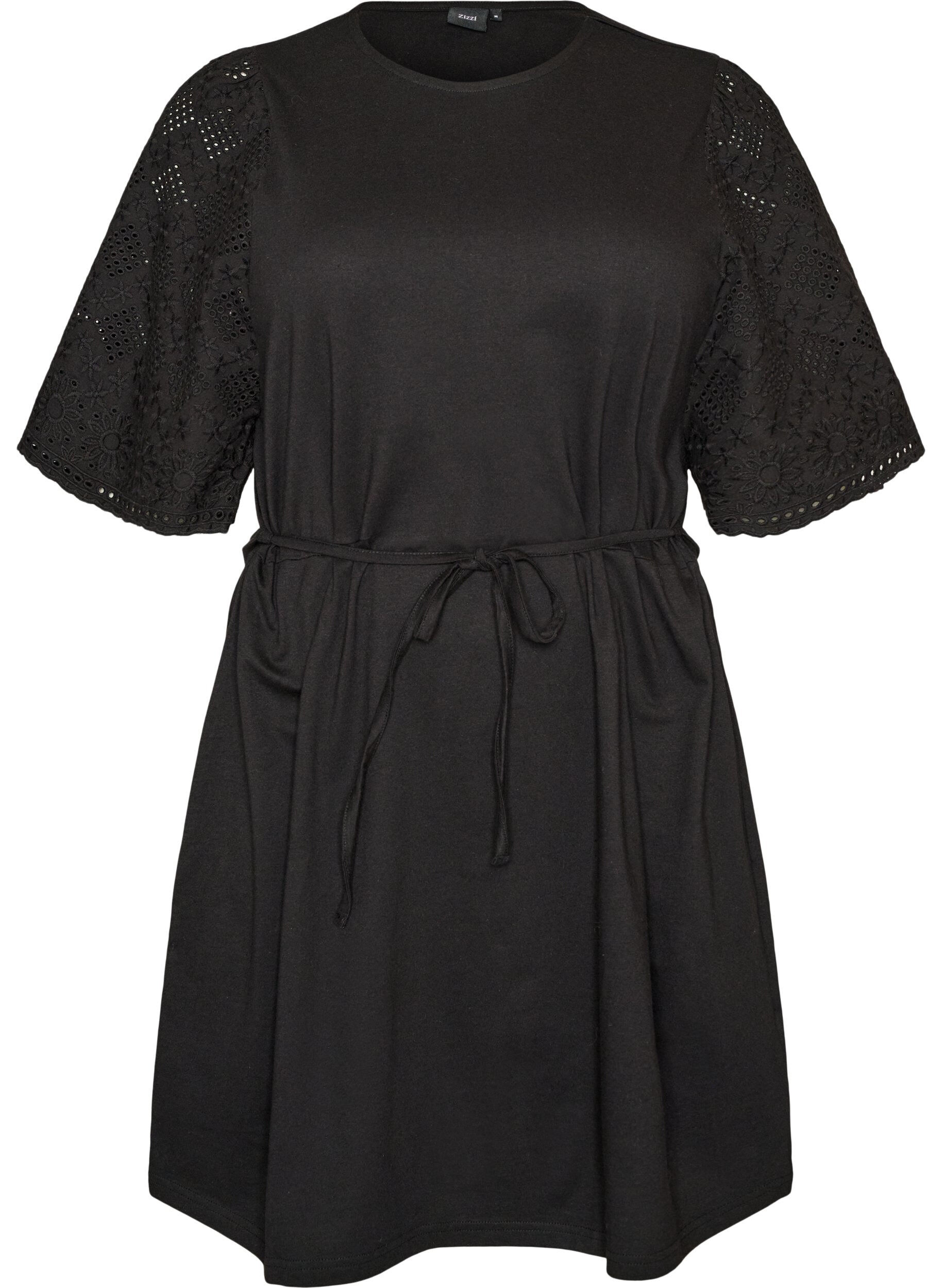 ZizziBawelniana sukienka z rekawami broderie anglaise i wiazaniem w talii, Czarne, Packshot image number 0