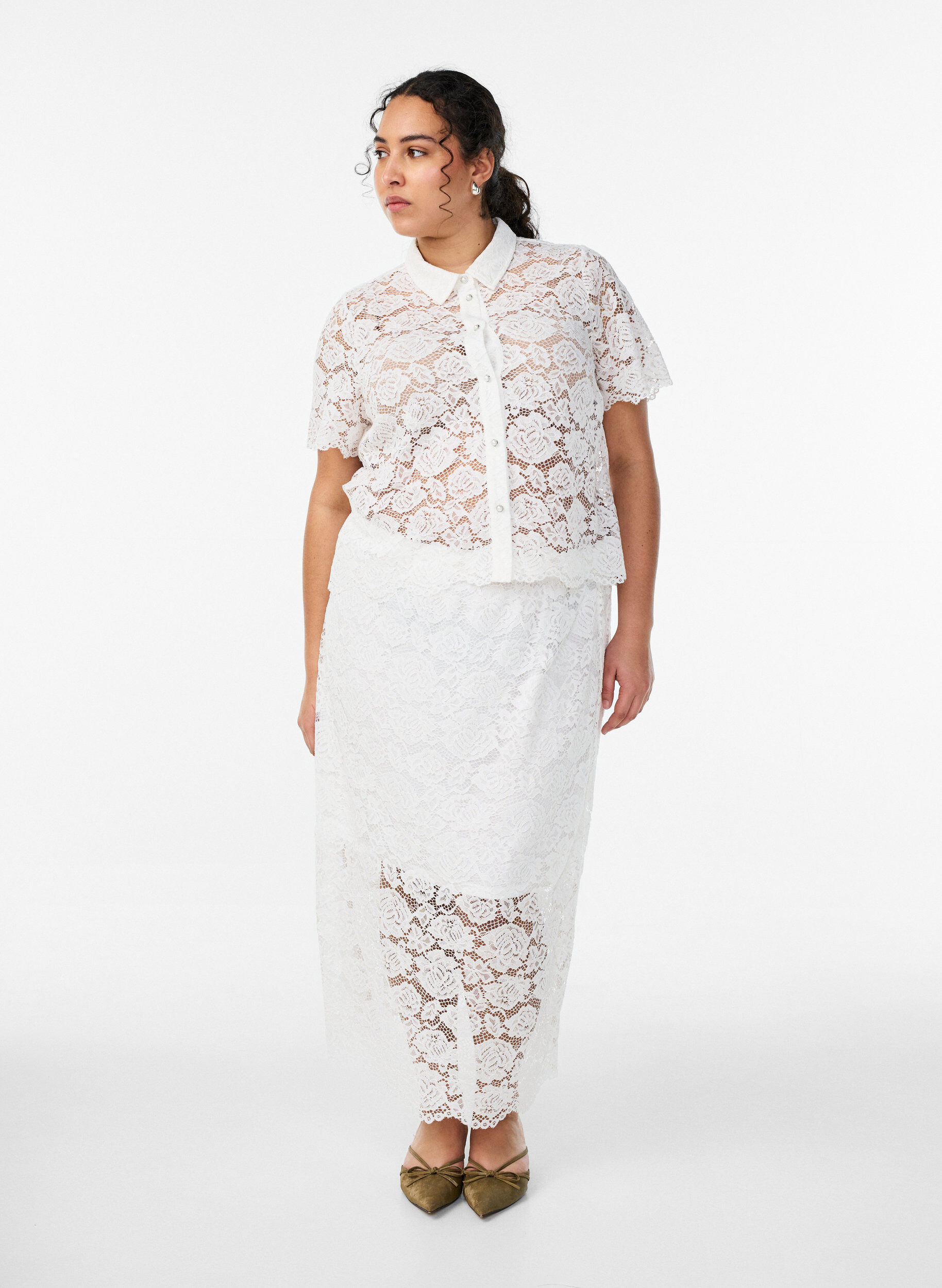 Zizzi Spodniczka midi z koronki z elastyczna talia, Biały, Model image number 1