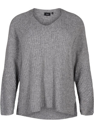 Dzianinowy sweter z rozcieciem, Light Grey Melange, Packshot image number 0