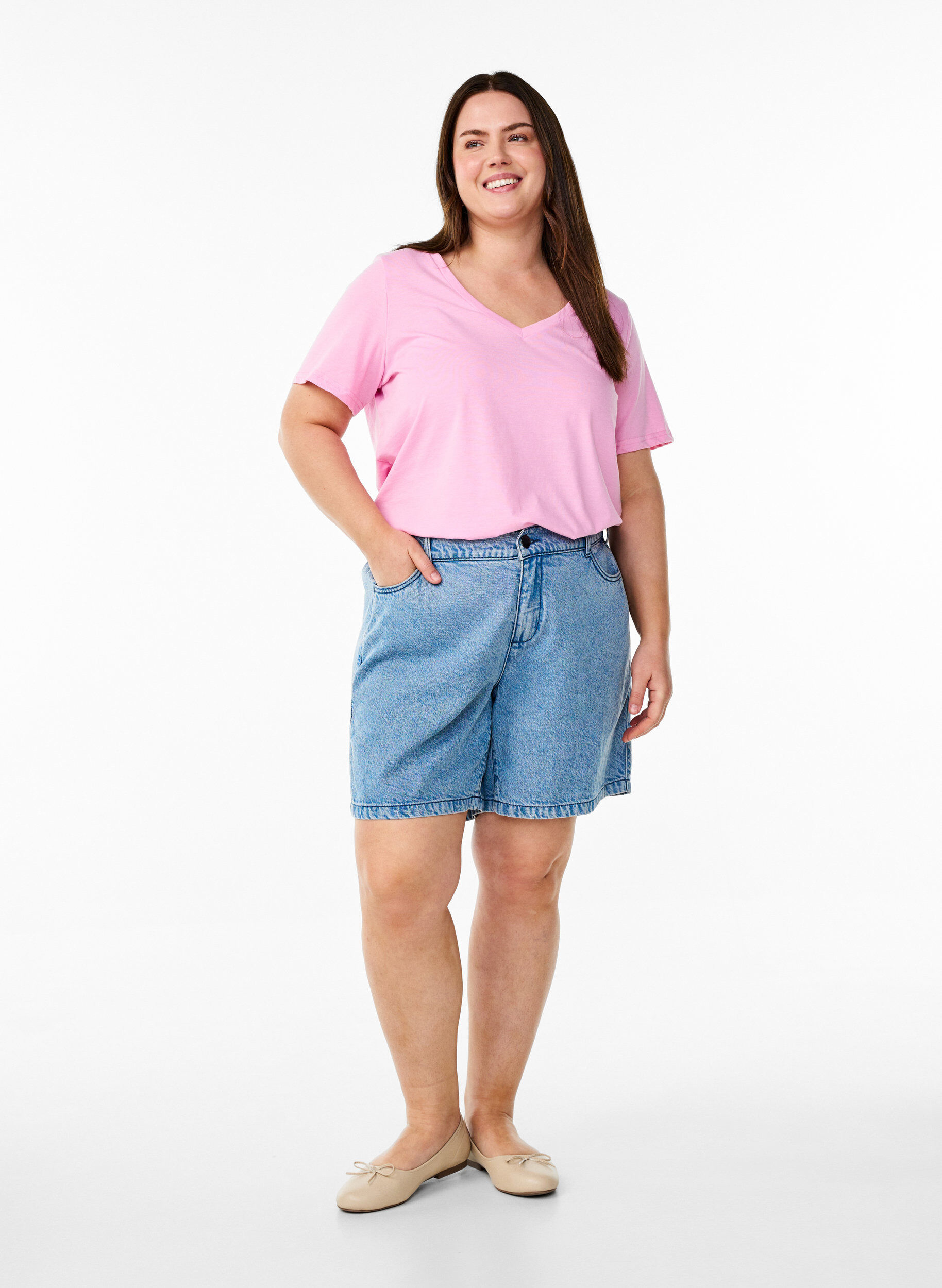 Zizzi T-shirt z kr&oacute;tkim rekawem i dekoltem w szpic, R&oacute;żowy, Model image number 1