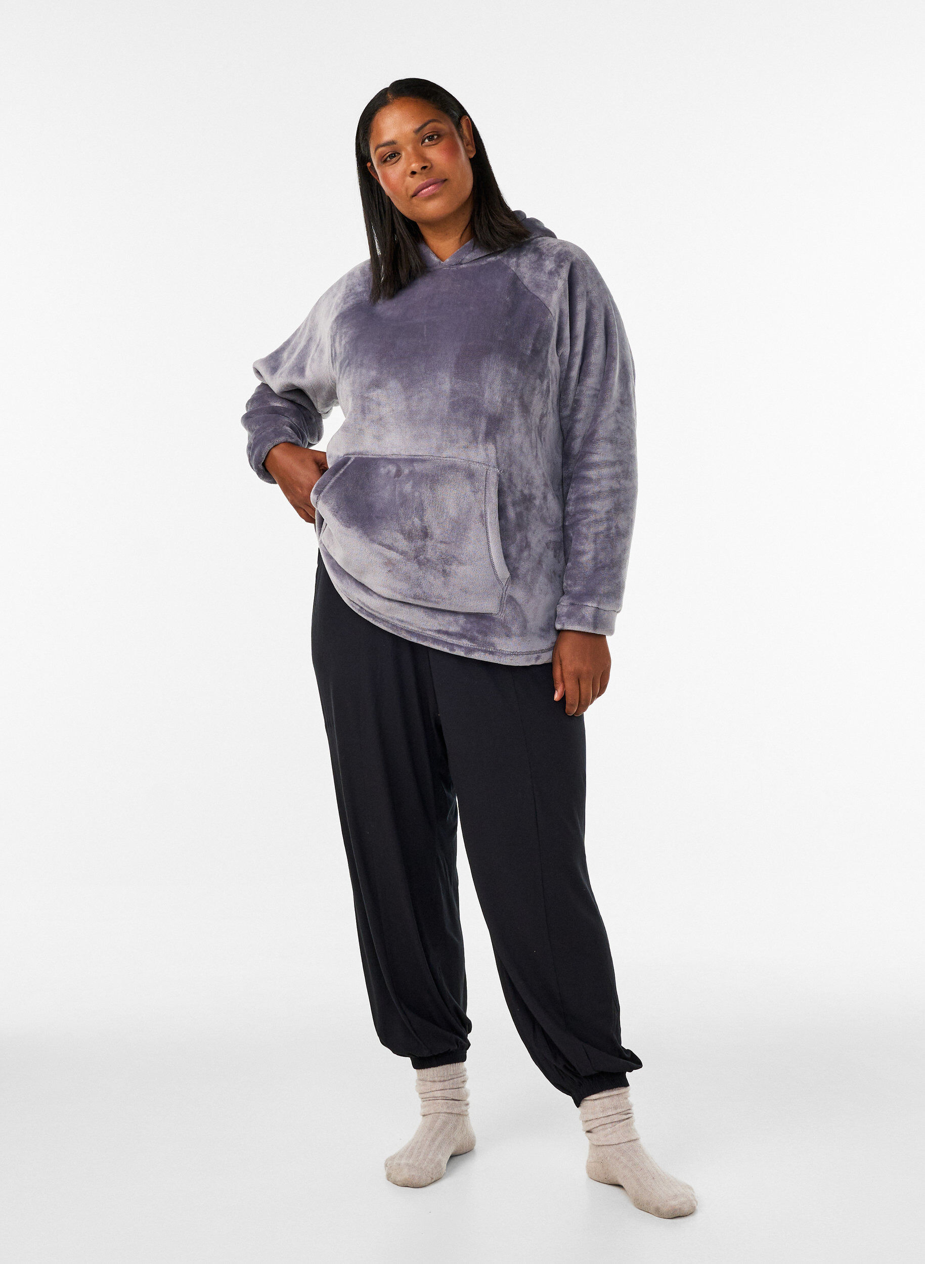 ZizziWelur bluza z kapturem z kieszenia kangurkowa, Szary, Model image number 1
