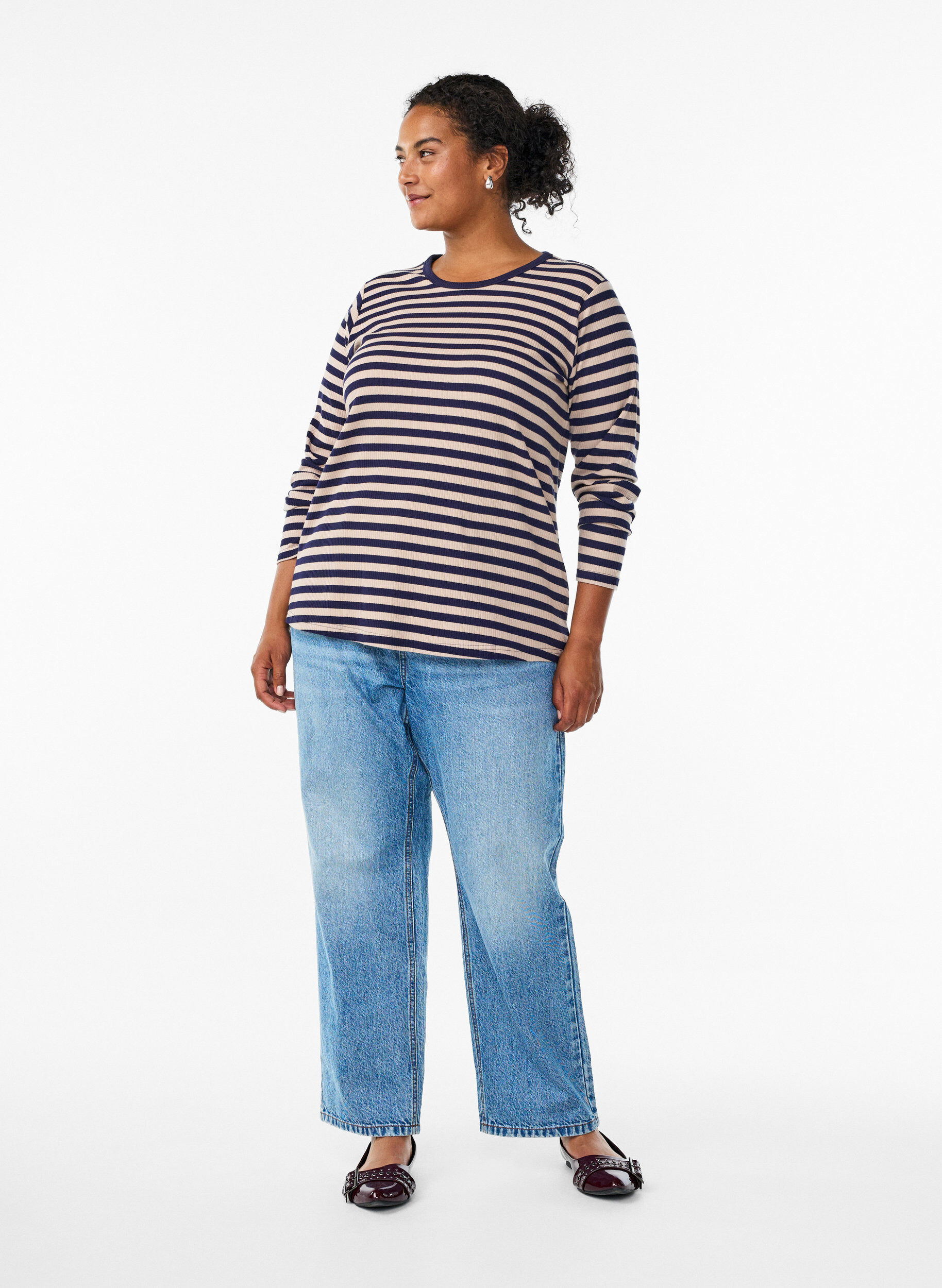 Zizzi Bluzka w paski z dlugim rekawem, Beżowy, Model image number 1