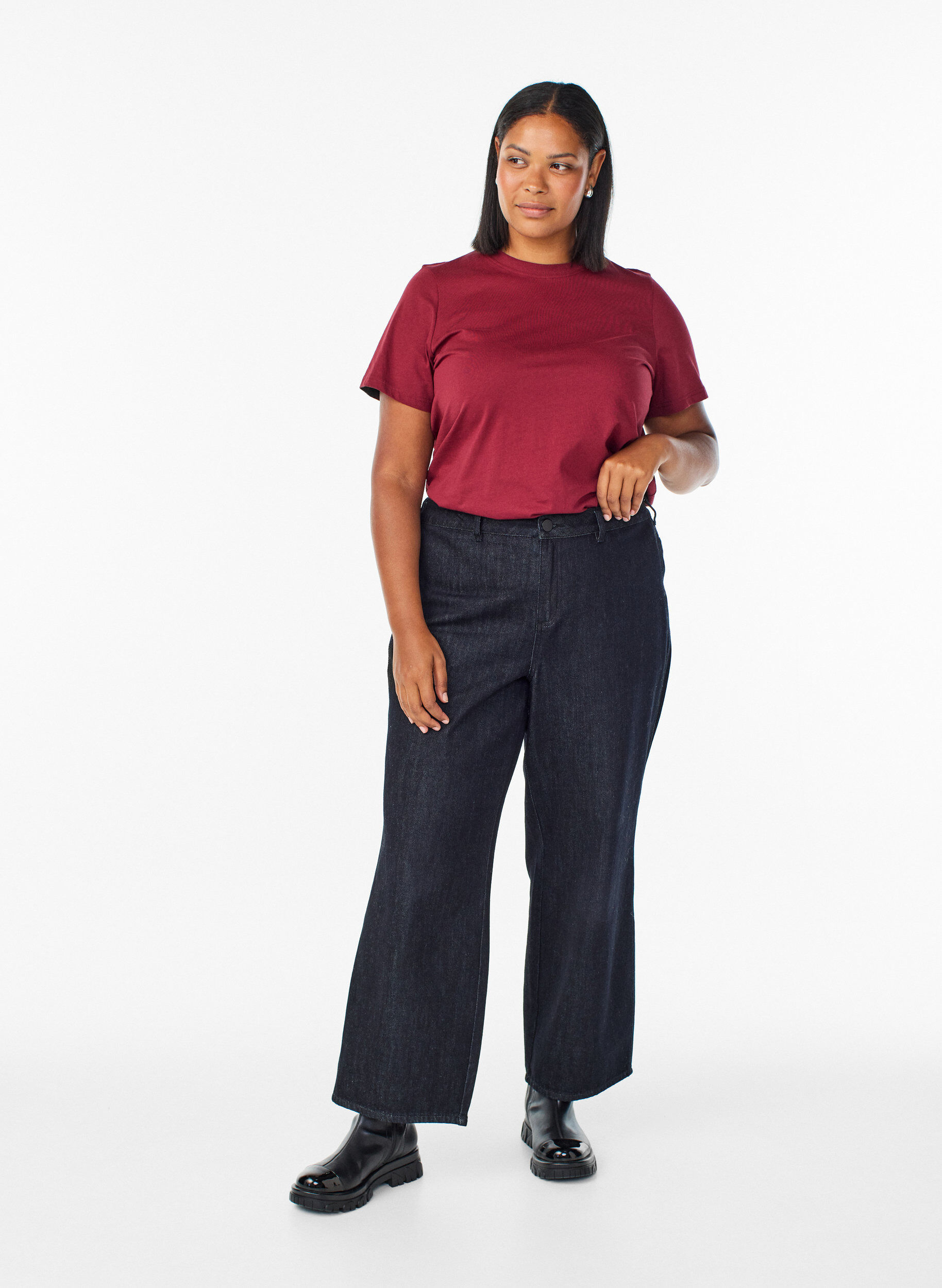 ZizziPodstawowa koszulka bawelniana z okraglym dekoltem, Ciemnobordowy, Model image number 1