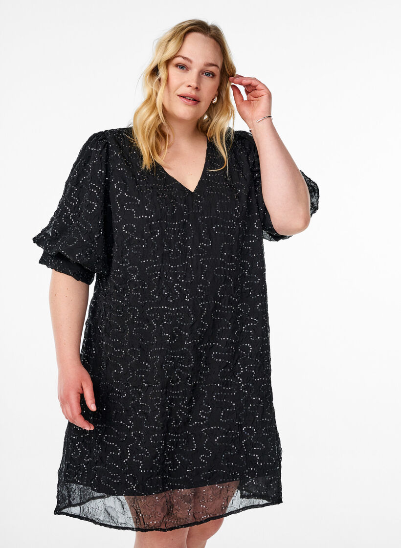 Krótka sukienka imprezowa z cekinami, Czarne, Model image number 0