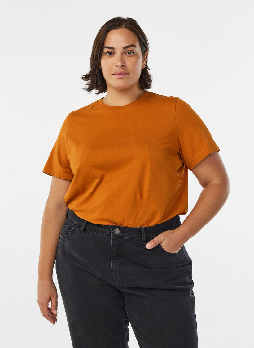 Podstawowa koszulka bawelniana z okraglym dekoltem, Pomarańczowy, Model image number 0