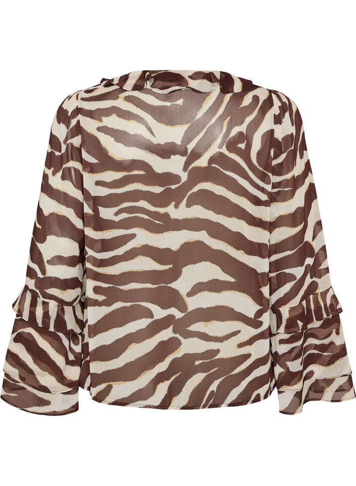 Szyfonowa bluzka w zebre z falbankami, Brązowy, Packshot image number 1