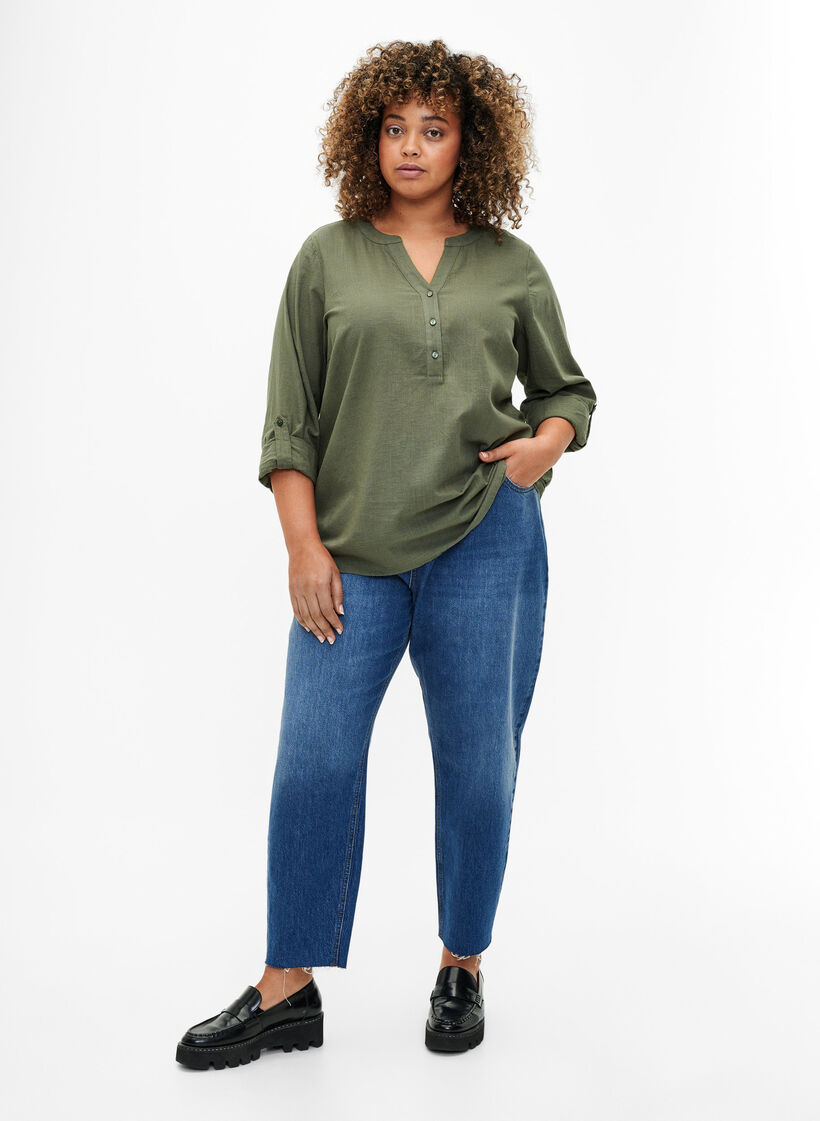 Bawelniana koszulowa bluzka z dekoltem w szpic, Thyme, Model image number 2