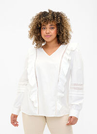 Bluzka z marszczeniami i koronkowym wykonczeniem, Bright White, Model