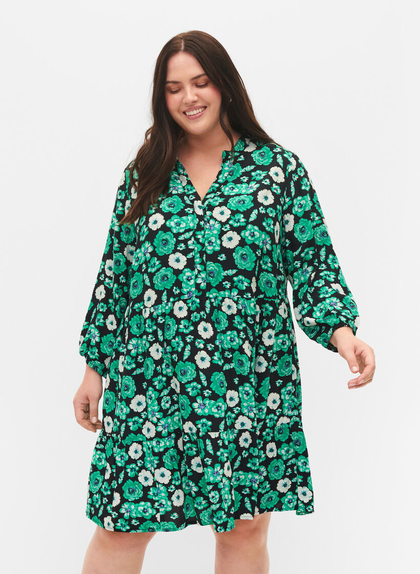 	 Floral tunic in viscose, Green Flower AOP, Model image number 0