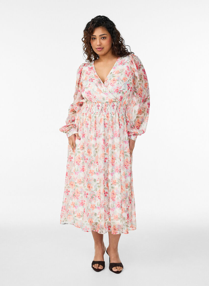 Sukienka midi w kwiaty z kopertowym efektem i smockiem, Pomarańczowy, Model image number 0