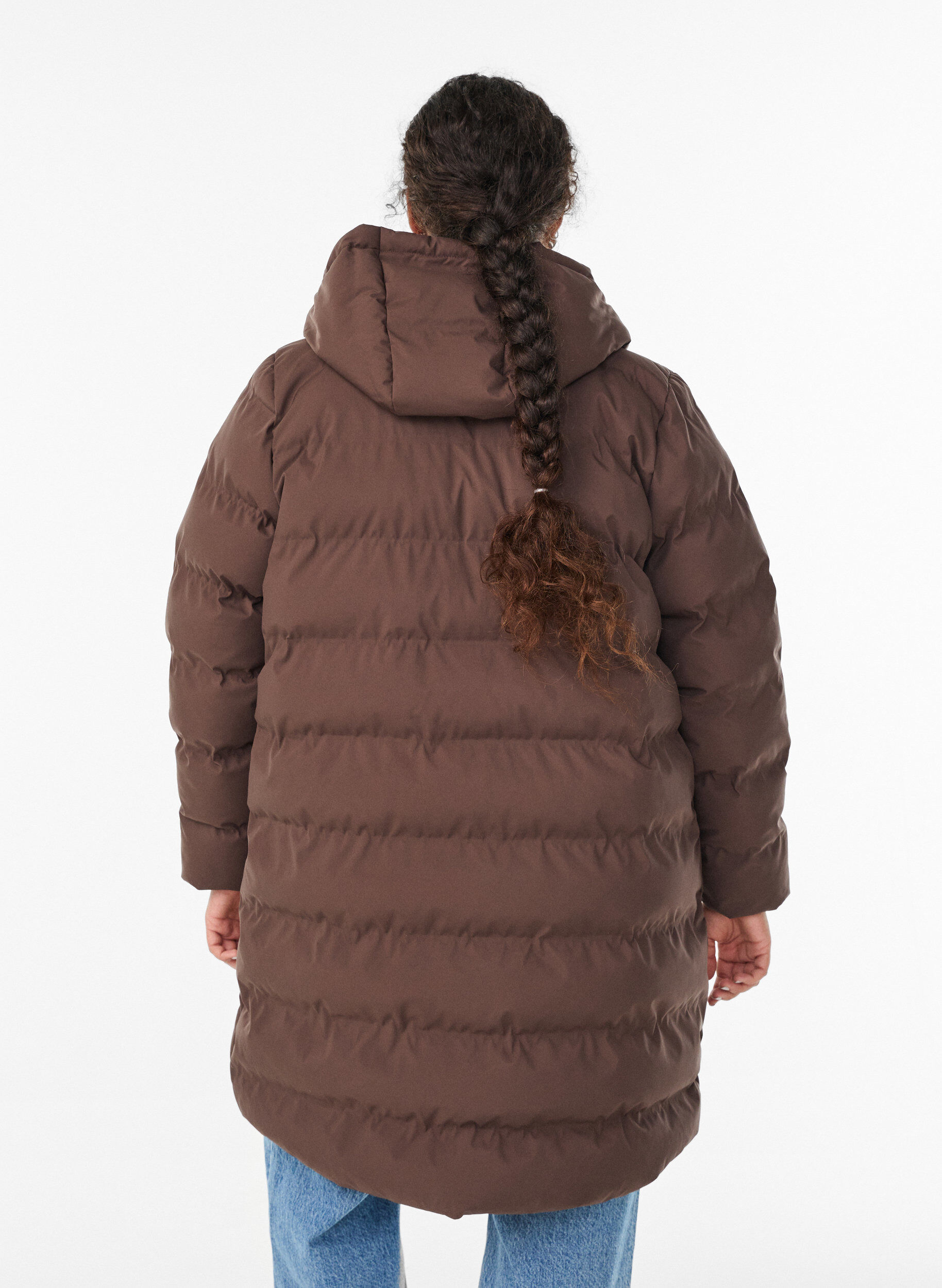 ZizziPuchowy plaszcz z kapturem i kieszeniami, Brązowy, Model image number 2
