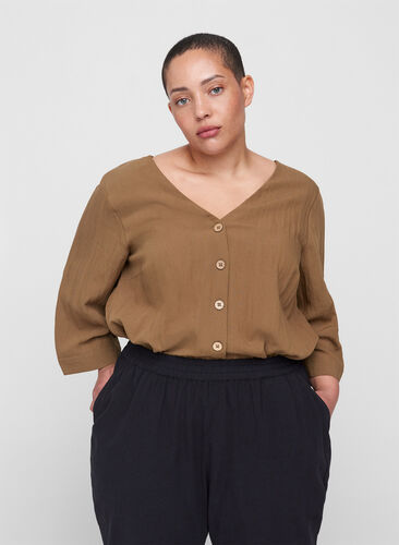 Viscose blouse with buttons and v-neck, Kangaroo, Model image number 0