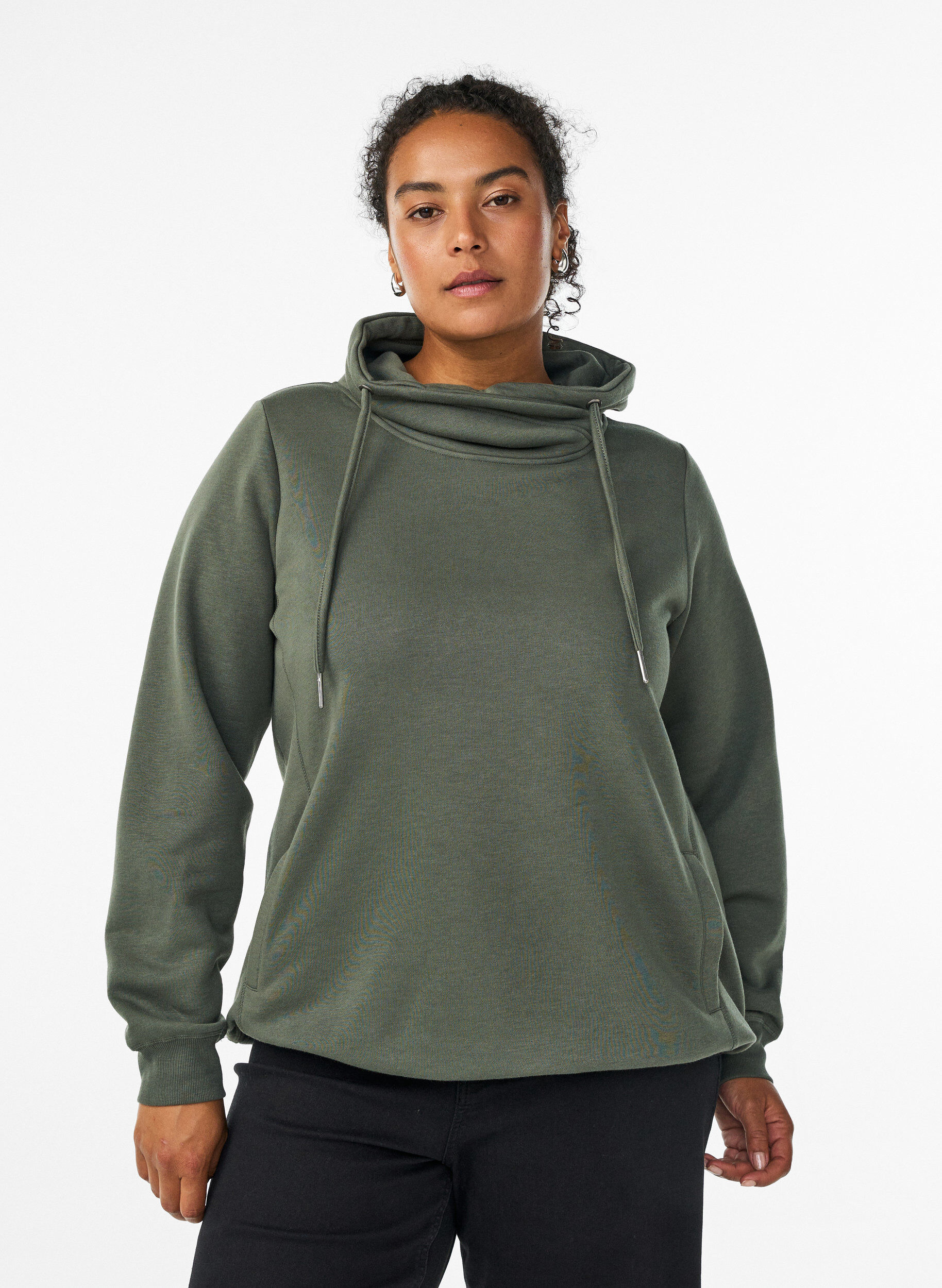 Bluza z wysokim kolnierzem i kieszeniami, Zielony, Model