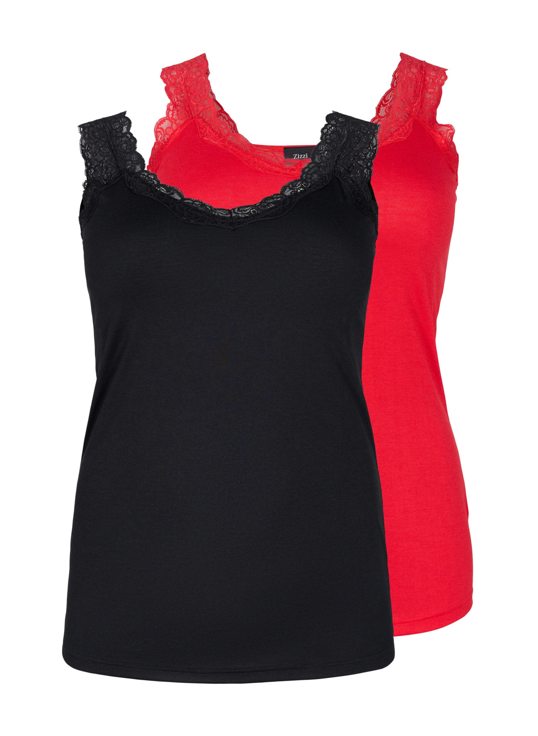 Zizzi 2-pack top with lace, Black/Chinese Red, Packshot image number 0