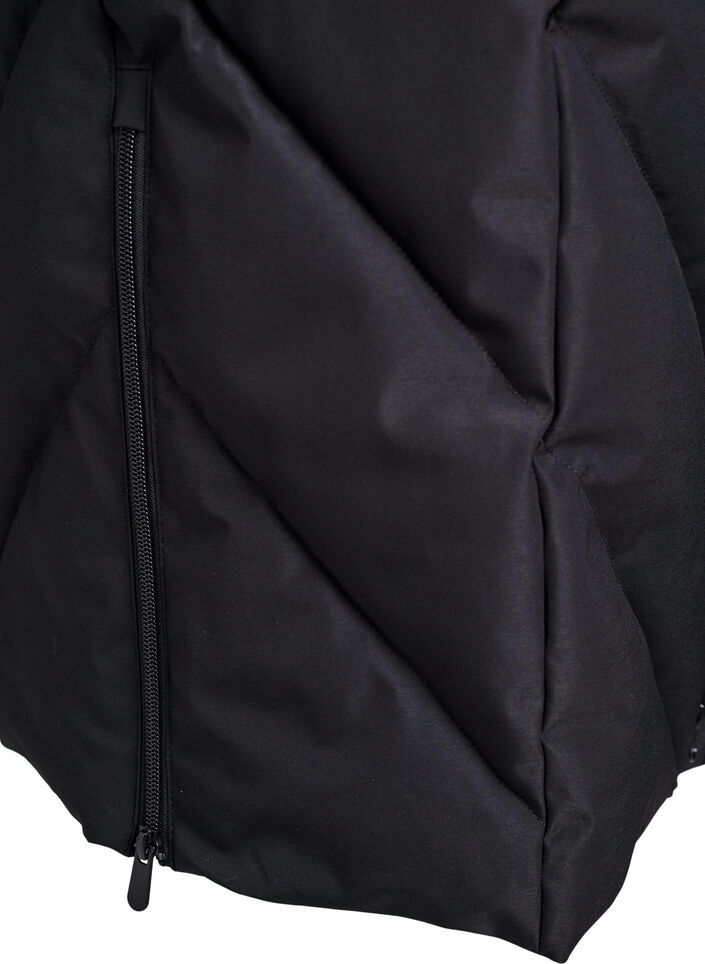 Dlugi plaszcz zimowy z zapieciem na haczyki i kolnierzem ze sztucznego futra, Czarne, Packshot image number 4