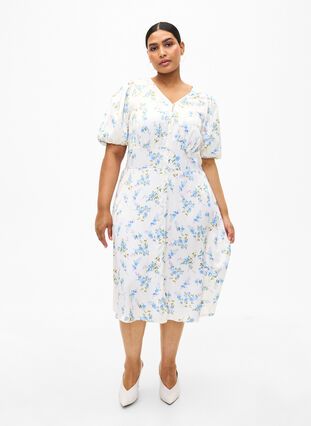 Kwiecista satynowa sukienka z bufiastymi rekawami, Off White Blue Fl., Model image number 3