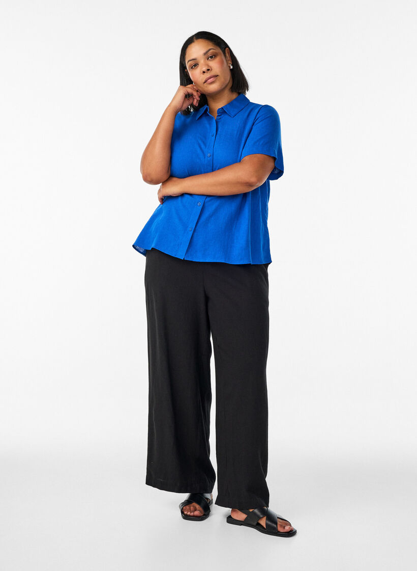 Spodnie z lnu i wiskozy o szerokich nogawkach, Czarne, Model image number 0