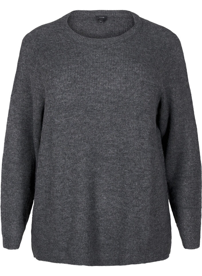 Melanzowy sweter z okraglym dekoltem, Dark Grey Black Mel., Packshot image number 0