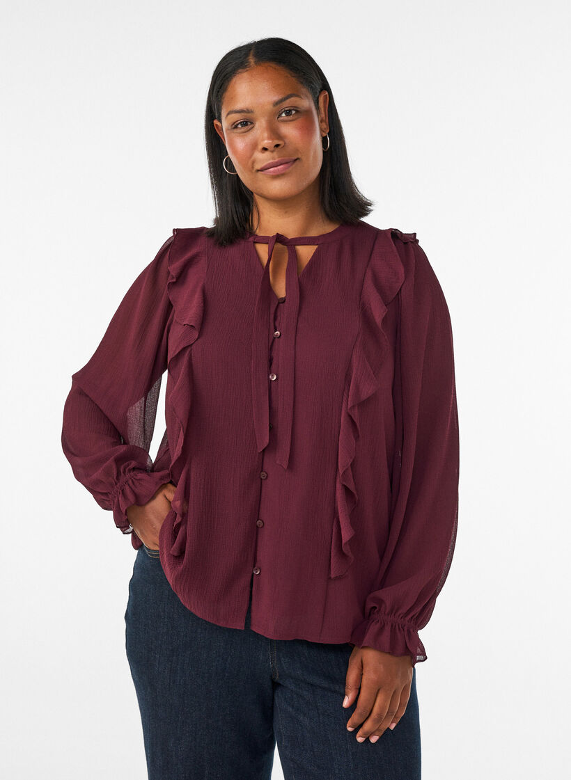 Lekka bluzka z falbankami i wiazaniami, Czerwony, Model image number 0