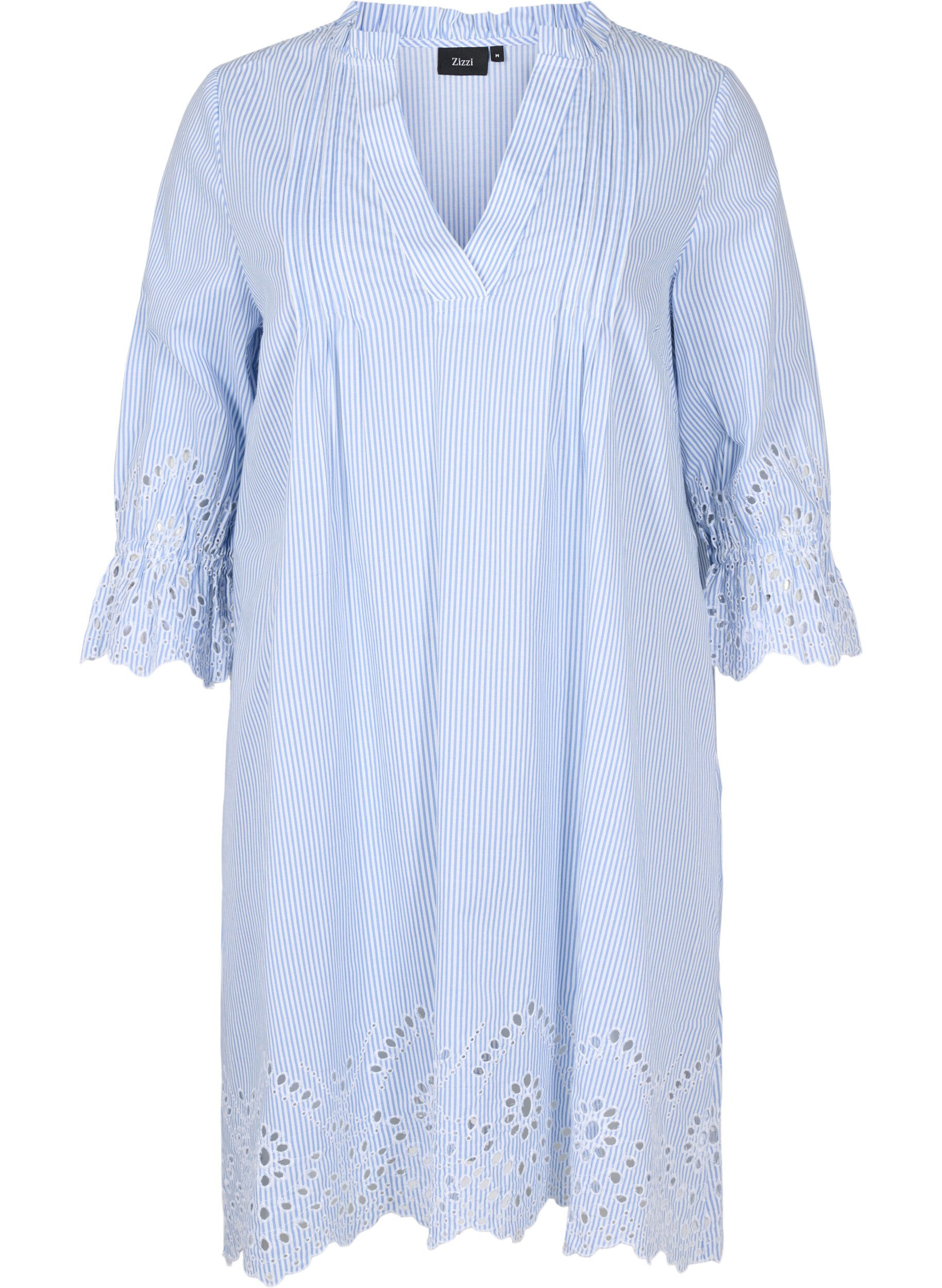 Zizzi Cotton dress with stripes and embroidery anglaise, Blue Stripe, Packshot image number 0