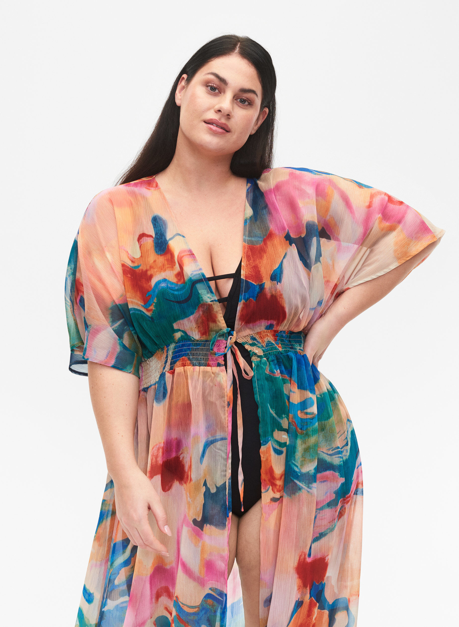 Zizzi Beach printed kimono, Watercolor, Model image number 2