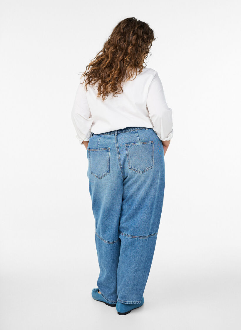 Jeansy barrel z wysokim stanem, Niebieskie, Model image number 1
