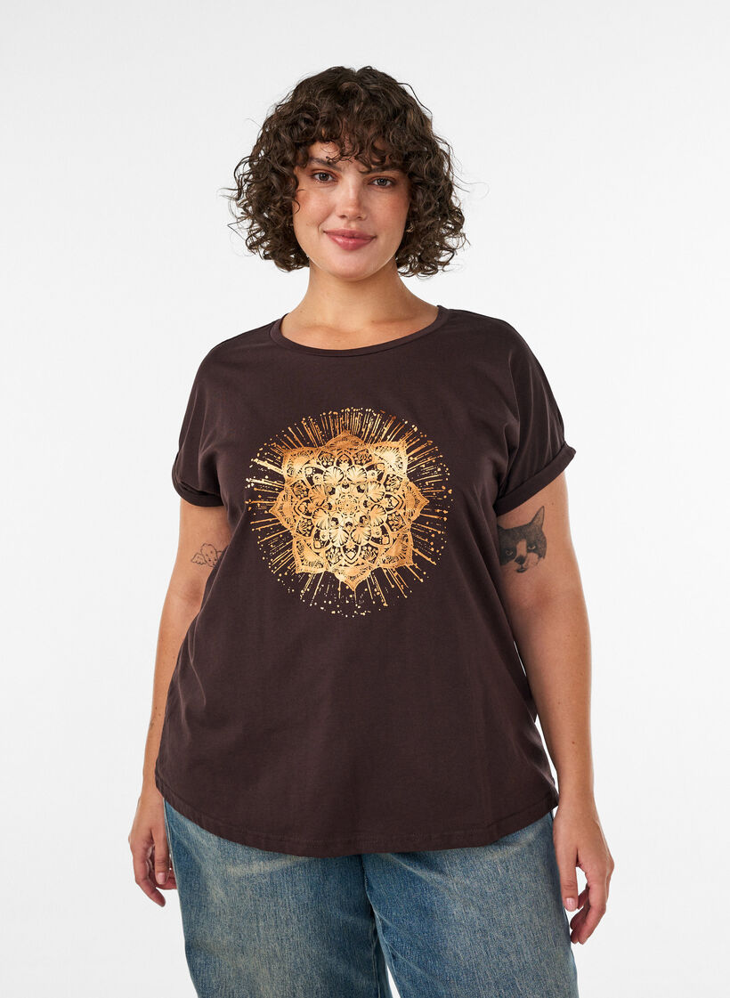 T-shirt z ozdobnym nadrukiem z przodu, Brązowy, Model image number 0