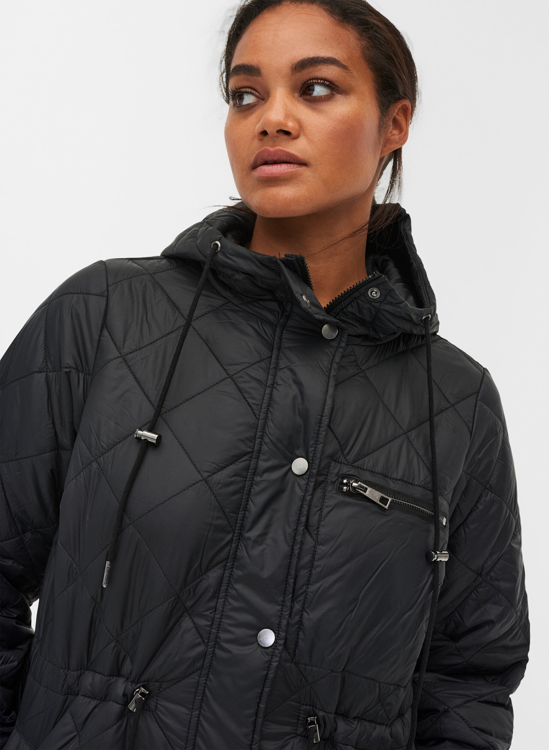 Zizzi Quilted lightweight jacket with hood, Black, Model image number 2