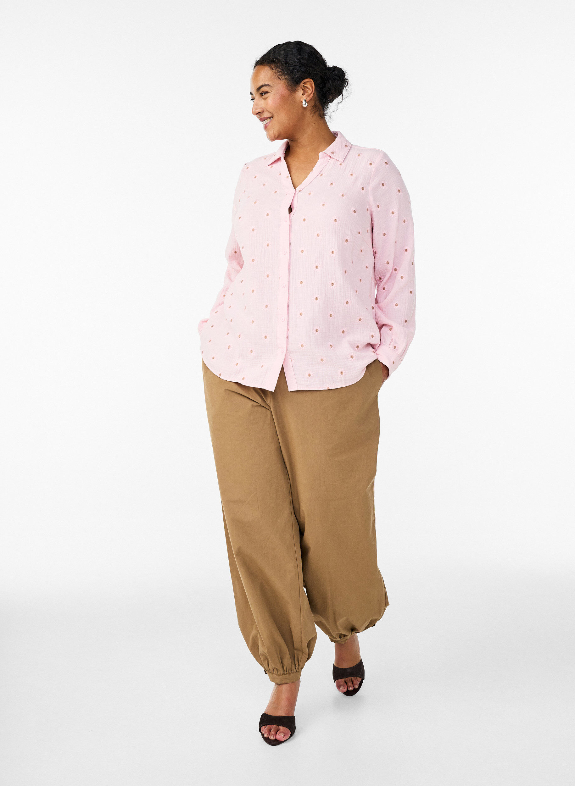 Zizzi Bluzka z bawelnianej muslinu z dlugim rekawem i haftowanymi motywami, R&oacute;żowy, Model image number 1