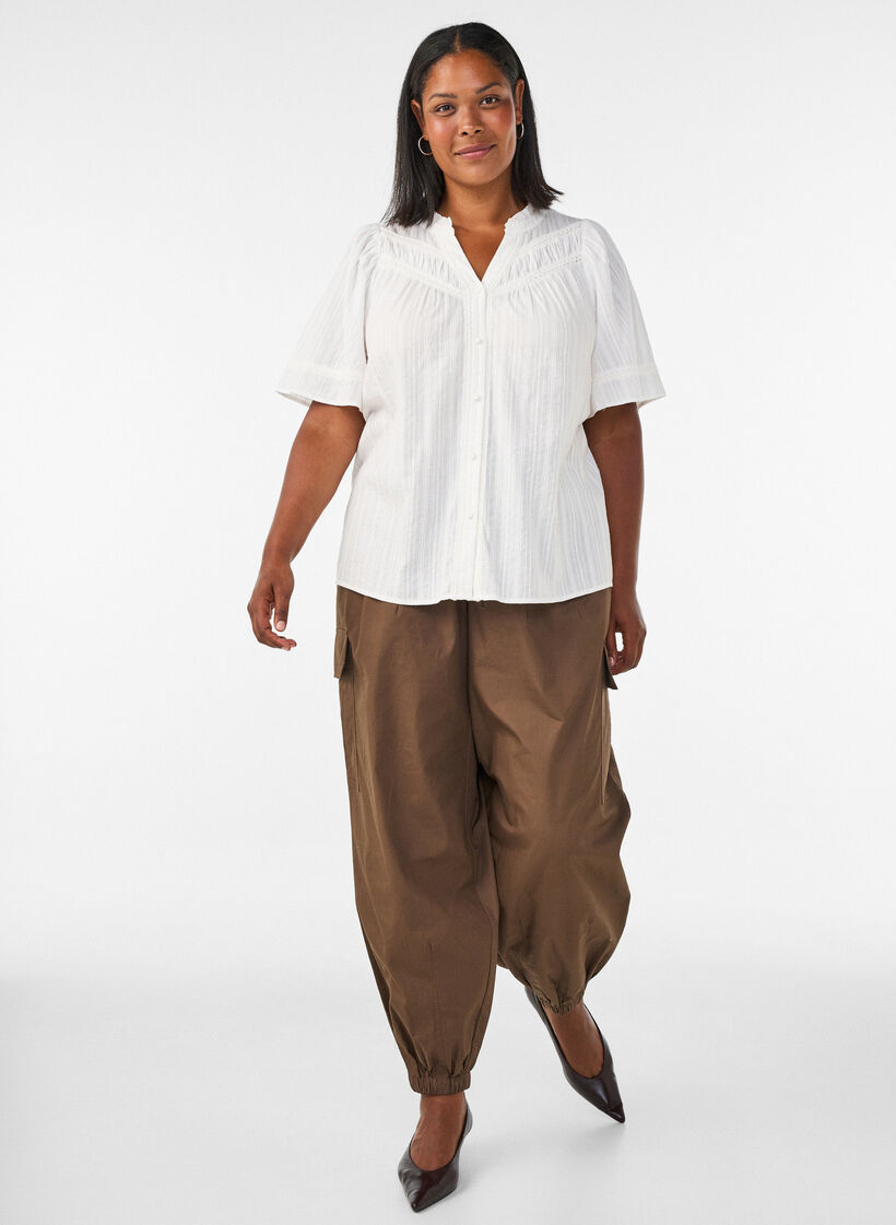 Bluzka bawelniana z ozdobnymi paskami, Biały, Model image number 1