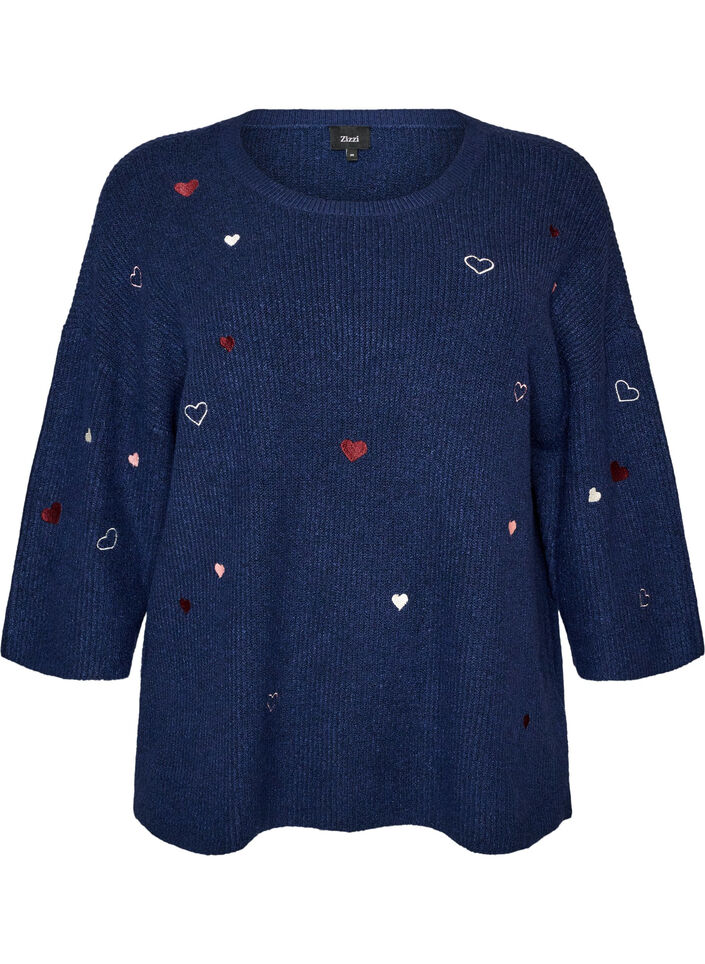 Sweter z serduszkami i rekawami 3/4, Niebieskie, Packshot image number 0