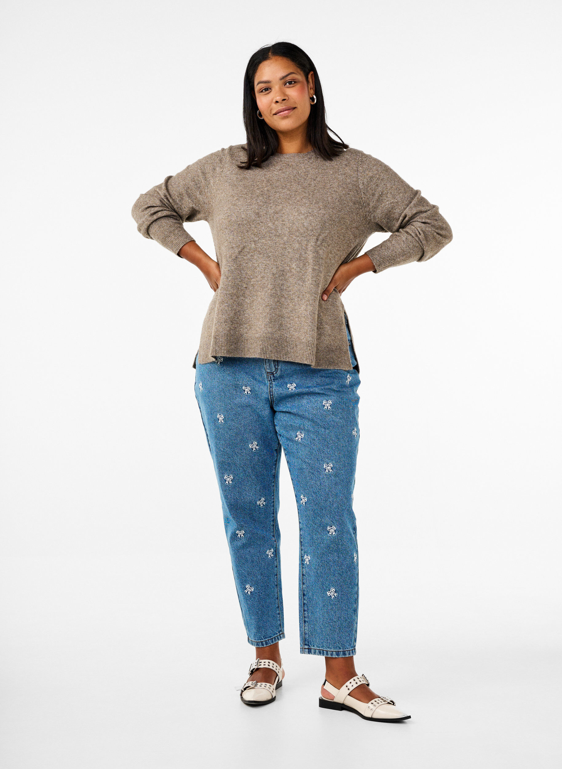 Zizzi Top z dzianiny welnianej z rozcieciami, Walnut Mel., Model image number 2