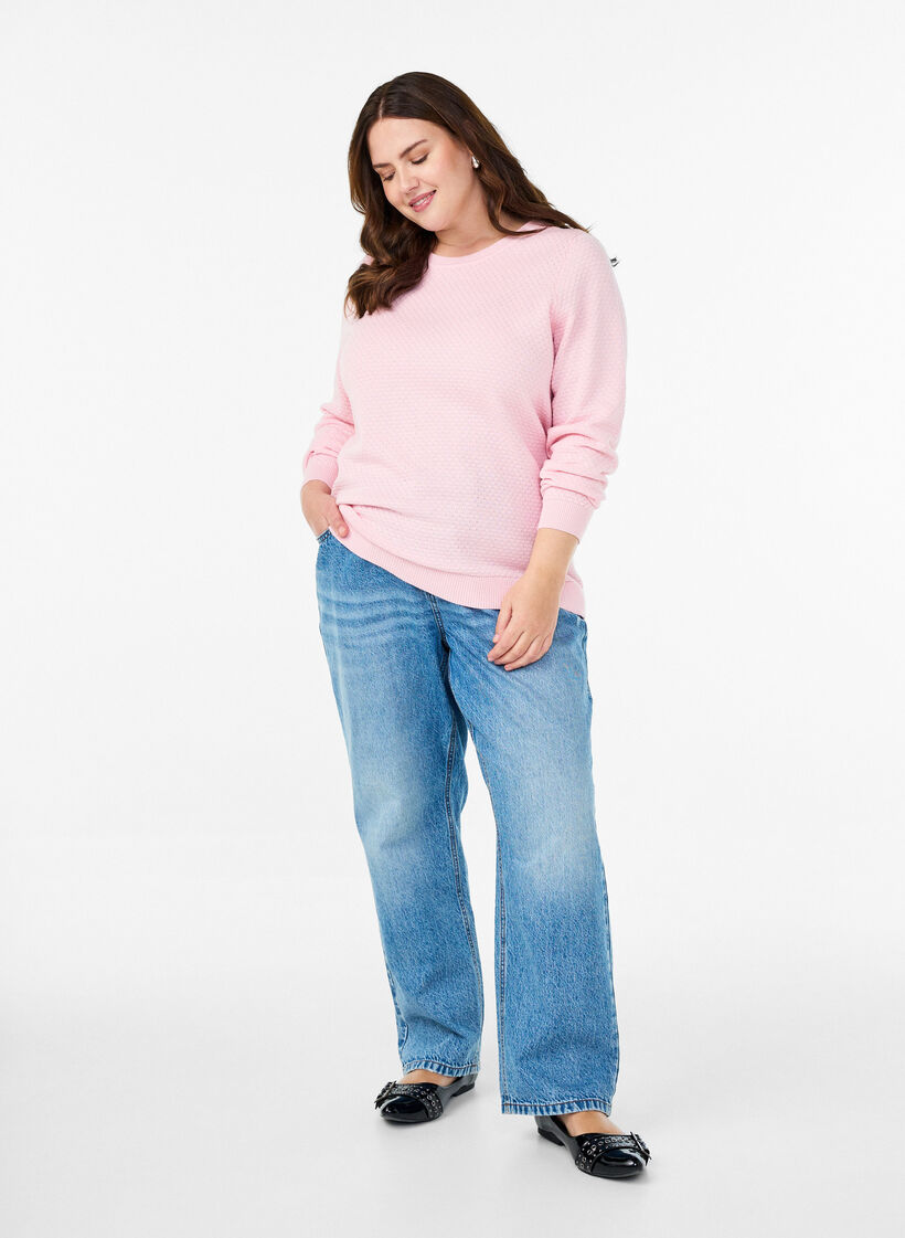 Bluzka dzianinowa z bawelny z fakturowanym wzorem, Różowy, Model image number 1