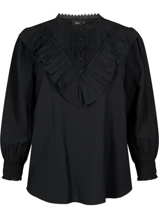 Bluzka z wiskozy z falbanami i haftem, Black, Packshot image number 0