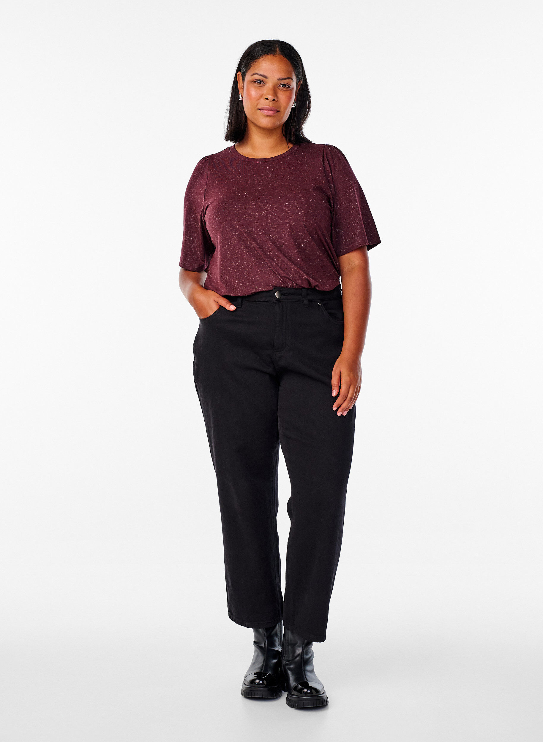 Zizzi Koszulka z brokatem i kr&oacute;tkimi bufiastymi rekawami, Ciemnobordowy, Model image number 1