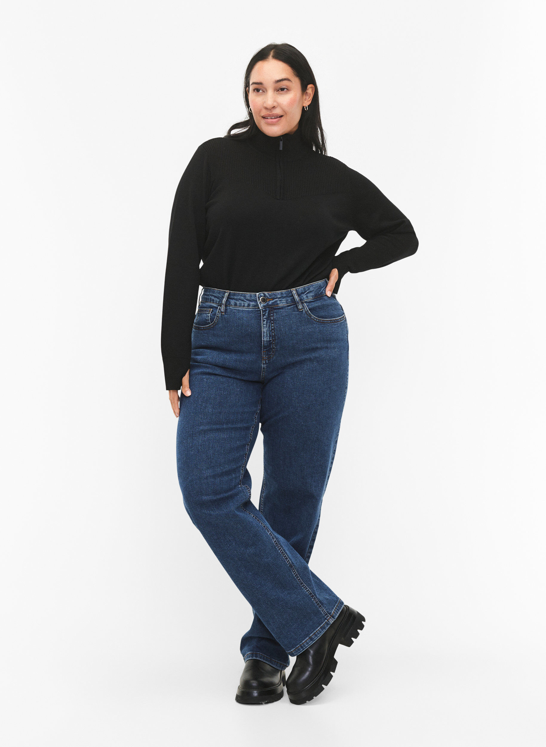 Zizzi Bluzka z dzianiny wiskozowej z wysokim dekoltem i zamkiem blyskawicznym, Black, Model image number 3