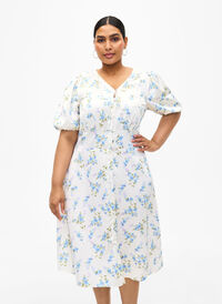 Kwiecista satynowa sukienka z bufiastymi rekawami, Off White Blue Fl., Model