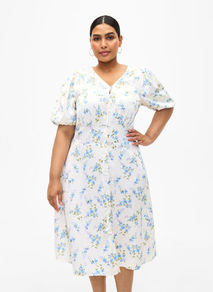 Kwiecista satynowa sukienka z bufiastymi rekawami, Off White Blue Fl., Model image number 0