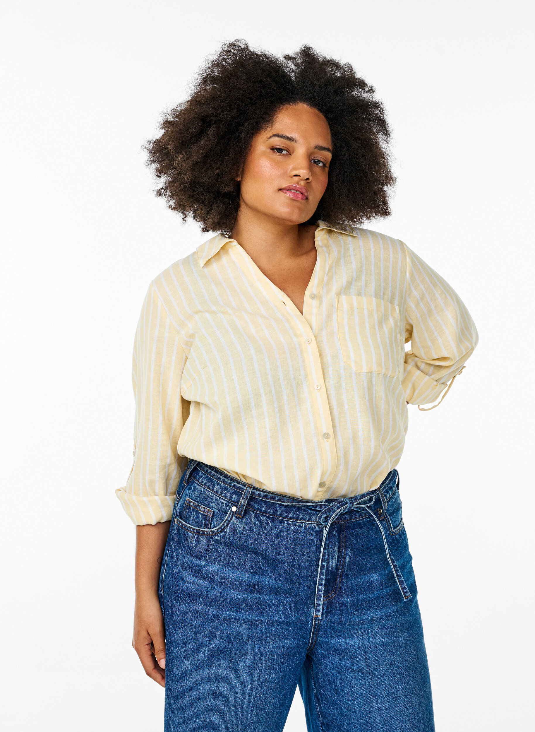 Koszula z lnu i wiskozy z rekawami 3/4, Beżowy, Model