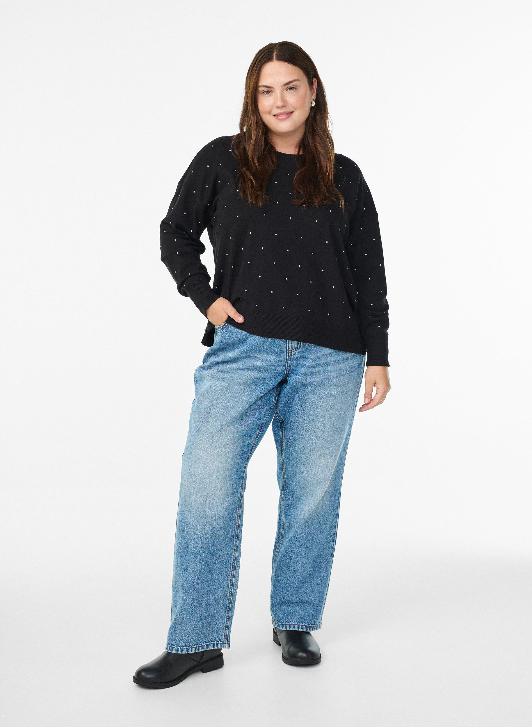 Zizzi Luzna bluzka dzianinowa ze strasem, Czarne, Model image number 1