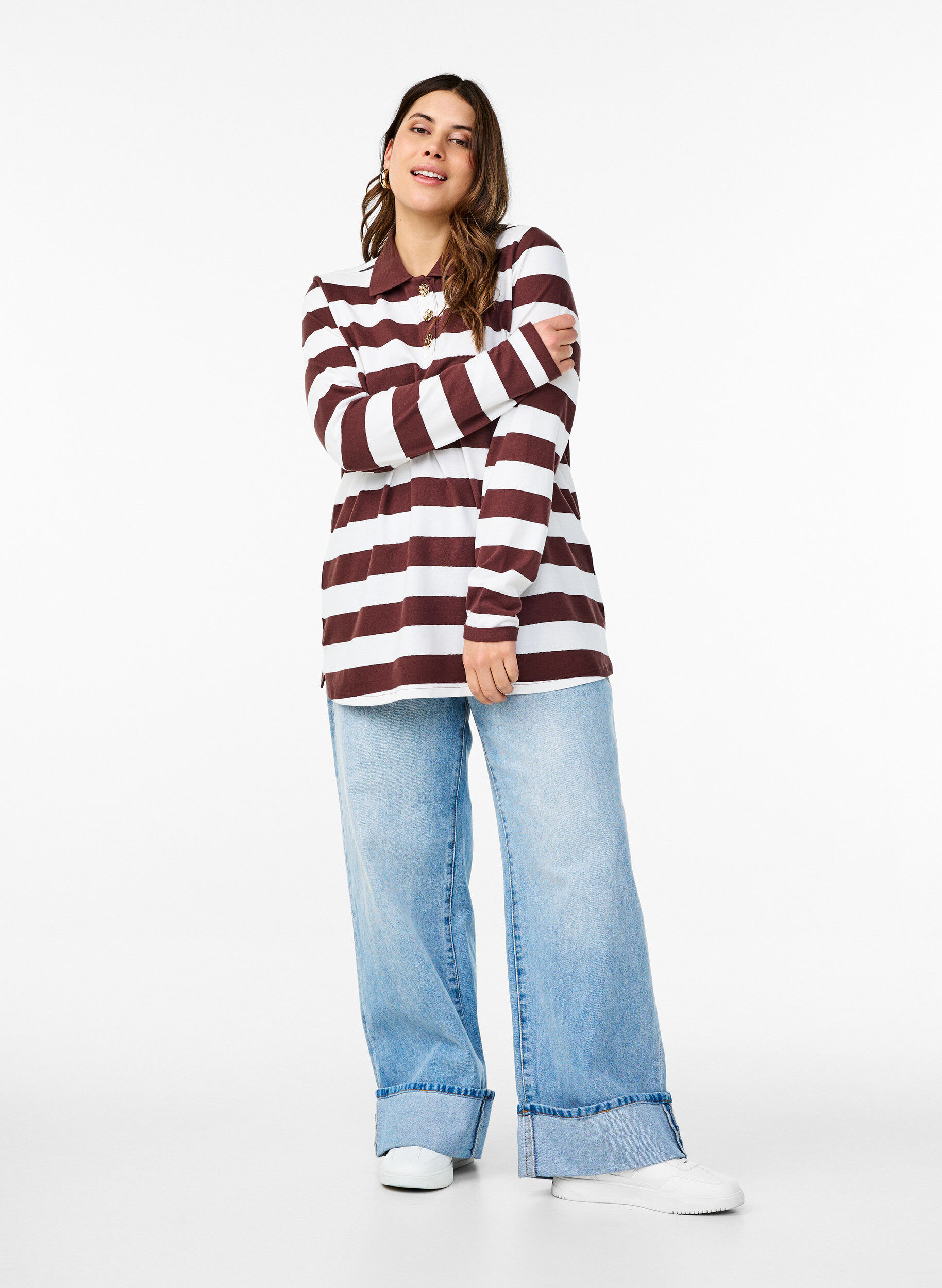 Zizzi Koszulka polo w paski z dlugim rekawem, Ciemnobordowy, Model image number 1