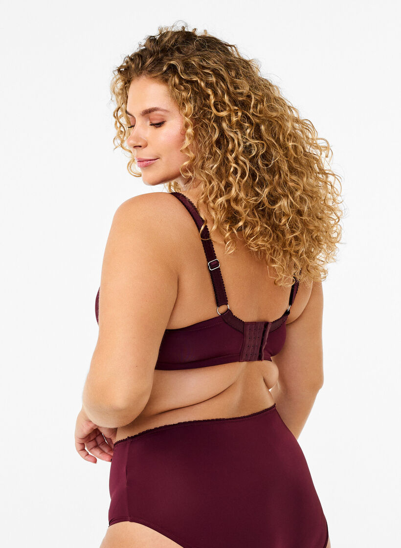 Usztywniany biustonosz z kwiatowym haftem, Ciemnobordowy, Model image number 1