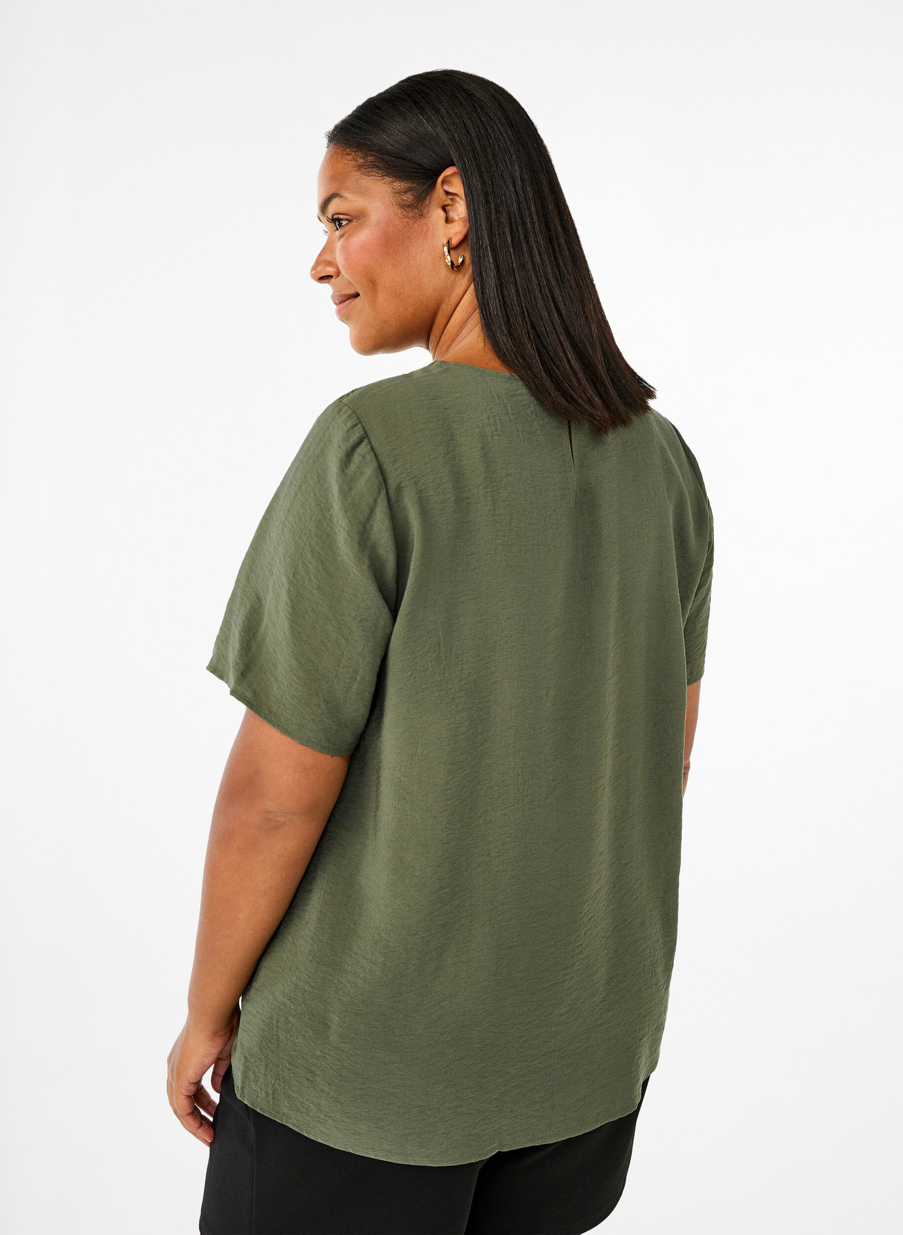 Zizzi Bluzka z wiskozy z kr&oacute;tkim rekawem i koronkowymi detalami, Thyme, Model image number 1