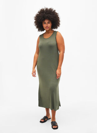 Prazkowana sukienka z wiskozy bez rekawów, Thyme, Model image number 0